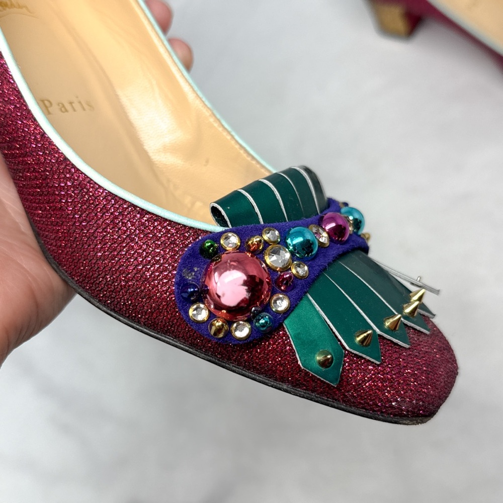 Christian Louboutin Oaxacana 45 Glitter Studded Fringe Heeled Loafer Flat Shoes - Picture 5 of 16